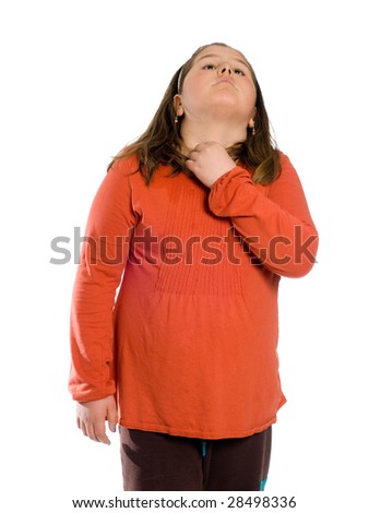 stock photo A young girl suffering from strep throat isolated against a
