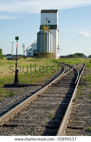 A grain elevator situated near a set of railroad tracks with the rails ending in a vanishing point