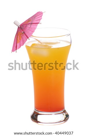 A popular alcoholic beverage called a Tequila Sunrise, shot with an umbrella in it, isolated against a white background
