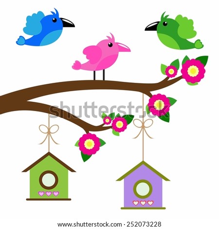 bird colorful and birdhouse on tree branches.