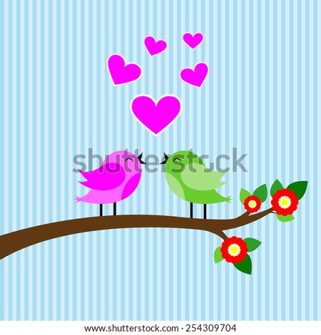 bird colorful in love on tree branch and blue background