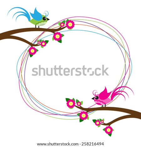 birds colorful set on tree isolated and white background.