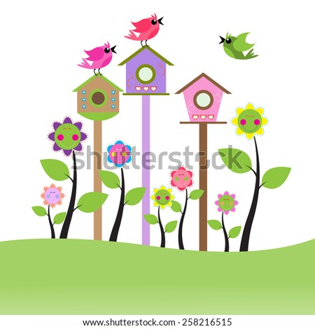 birds colorful set and birdhouse in garden.