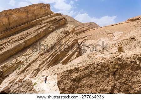 Man walking hiking desert gorge canyon cliffs, Negev, Israel.