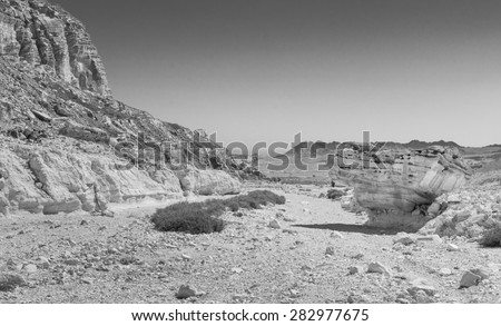 Black and white stone desert rocks and cliffs inside dry canyon riverbed, Negev desert, Israel.