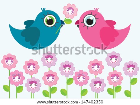 Two cute cartoon birds characters. One of them have a flower in beak. Birds flying above cute cartoon flowers. Illustration made in Kawaii style. Vector illustration.