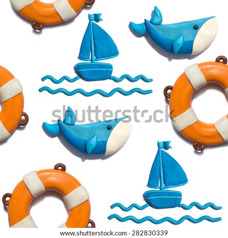 Handmade plasticine seamless pattern with summer objects. Whale, ship and safe ring background.