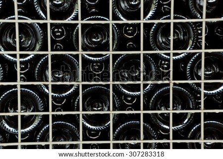Rows of many empty wine bottles in winery cellar