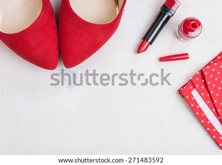 Still life of fashion woman. Feminine cosmetic background. Overhead of essentials fashion woman objects