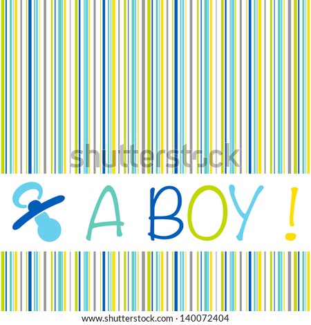 birth announcement card with the text A Boy on a striped pattern of blue, green, yellow and grey shades and a pacifier