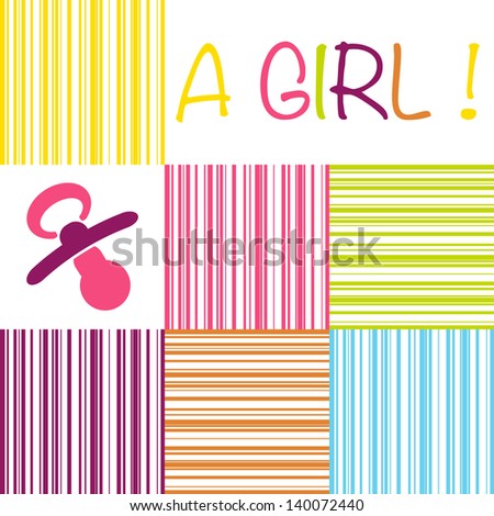 Baby birth announcement card with the text A Girl on a striped pattern of pink, yellow, orange, blue and purple shades and a pacifier