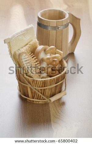 wooden bucket with mug