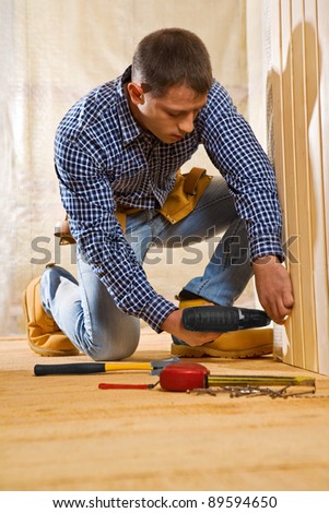 single man work in the wooden room