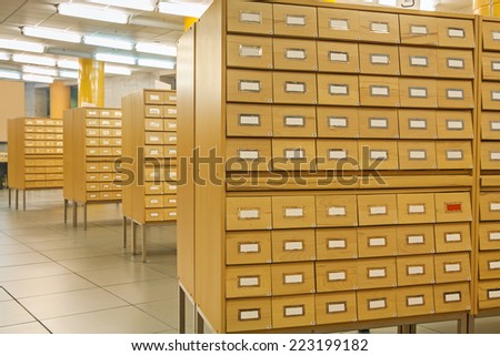 view on library wooden card catalog