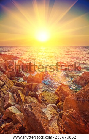 Beautiful view on sunrise on sea instagram stile