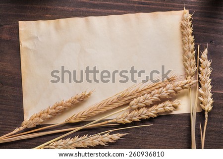 organized copyspace old paper ears wheat and rye on brown vintage wooden board food and drink concept