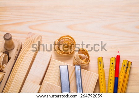 woodworkers plane chisels wooden meter pencil construction concept