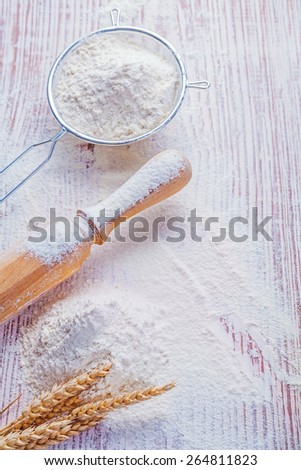 aerial view flour sieve wheat ears roling pin food and drink concept