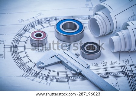 Construction plans caliper roller bearings on blueprint architecture and building concept.