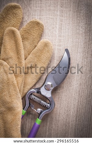 Sharp pruning shears and working leather safety gloves on wooden board agriculture concept.