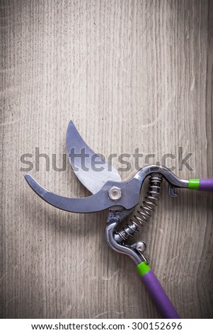 Sharp stainless pruning shears on wooden background agriculture concept.
