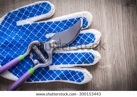 Gardening secateurs with rubber safety gloves on wooden surface agriculture concept.