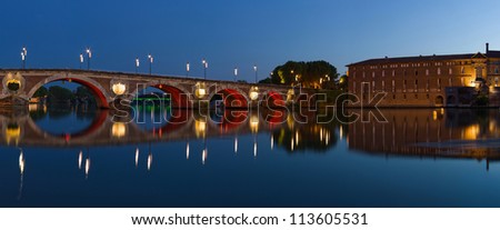 Panorama of Toulouse city center: New Bridge (Pont Neuf) and City Hotel (Hotel de VIlle)