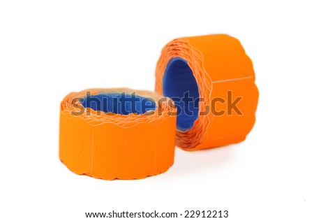 Two rolls of orange self-adhesive labels on white background