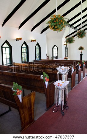 stock photo inside a wedding chapel prepared for wedding with floral 