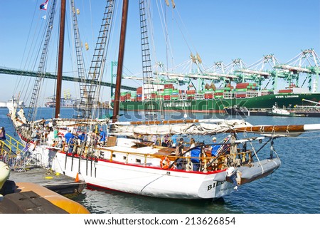 LOS ANGELES/CALIFORNIA - JULY 22, 2014: The Bill of Rights, a Gaff-rigged Schooner owned by the South Bayfront Association on display at the Tall Ships Festival July 22, 2014 San Pedro, California USA