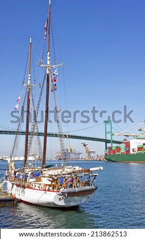 LOS ANGELES/CALIFORNIA - JULY 22, 2014: Bill of Rights, a Gaff-rigged Schooner owned by South Bayfront Association on display at the Tall Ships Festival July 22, 2014 San Pedro, California USA