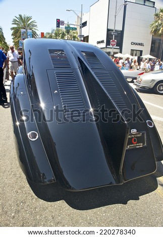 BEVERLY HILLS, CALIFORNIA - JUNE 16, 2013:1925 Phantom I Aerodynamic Coupe Rolls Royce (rear view) on display at the Rodeo Drive Concours D\'Elegance on June 16, 2013 Beverly Hills, California, USA