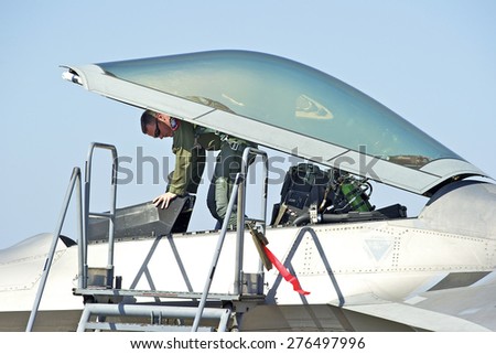 CHINO/CALIFORNIA - MAY 3, 2015: Captain John Cummings F-22 Raptor Demo Pilot as he disembarks to approach onlookers at the Planes of Fame Airshow in Chino, California USA