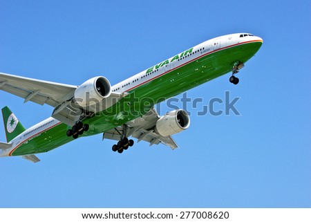 LOS ANGELES/CALIFORNIA - MAY 10, 2015: Eva Airways  commercial jet on approach to runway at Los Angels International Airport in Los Angeles, California, USA