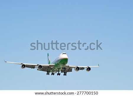 LOS ANGELES/CALIFORNIA - MAY 10, 2015: Air Cargo Boeing 747 jet on approach to runway at Los Angeles International Airport in Los Angeles, California, USA