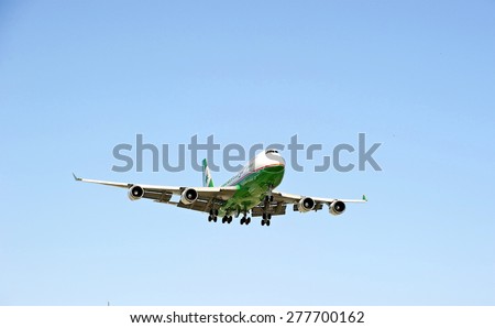 LOS ANGELES/CALIFORNIA - MAY 10, 2015: Air Cargo Boeing 747 jet on approach to runway at Los Angeles International Airport in Los Angeles, California, USA