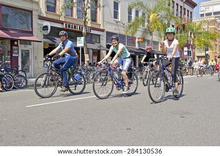 PASADENA/CALIFORNIA - MAY 31, 2015: CicLAvia Pasadena, the largest car-free open-streets event in America as participants travel through streets using bicycles, foot and non-motorized wheel power.