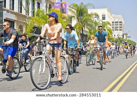 PASADENA/CALIFORNIA - MAY 31, 2015: CicLAvia Pasadena, the largest car-free open-streets event in America as participants travel through streets using foot, pedal and non-motorized wheel power.