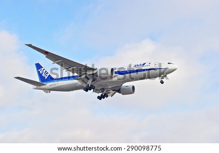 LOS ANGELES/CALIFORNIA - JUNE 13, 2015: ANA (All Nippon Airways) commercial jet on approach to runway at Los Angeles International Airport in Los Angeles, California, USA