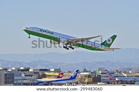 LOS ANGELES/CALIFORNIA - JULY 12, 2015: Eva Airlines Boeing 777 as it departs Los Angeles International Airport in Los Angeles, California, USA
