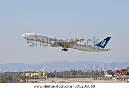 LOS ANGELES/CALIFORNIA - AUG. 9, 2015: New Zealand Airlines Boeing 777-319 (ER) departing from Los Angeles International Airport in Los Angeles, California, USA