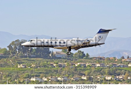 CAMARILLO/CALIFORNIA - AUGUST 23, 2015: Gulfstream G-IV private jet approaches the runway to make a landing at Camarillo Airport in Camarillo, California USA