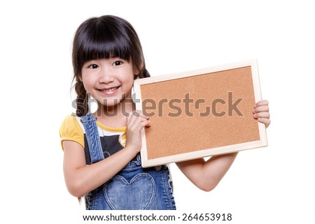Little Asian child holding empty board over white background