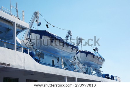 Two safety lifeboat, small boat hanging on the deck of the cruise ship