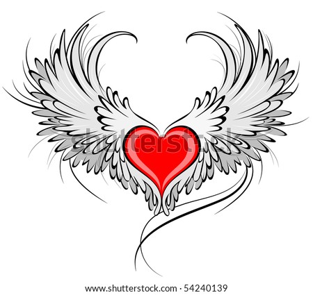 Angel Coloring on Red Heart With Angel Wings Gray  Decorated With Black Smooth Contour