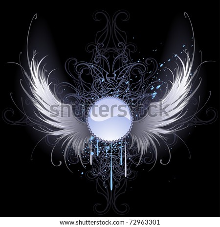 stock vector round blue banner with artistically painted white angel wings