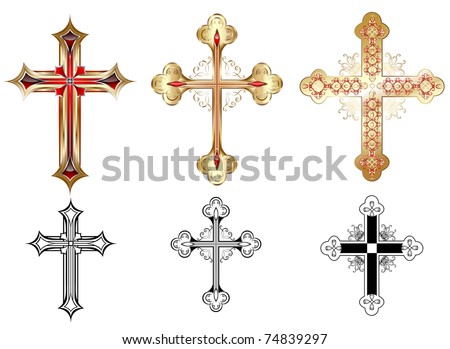 three gold cross decorated with red pattern and black silhouettes of the cross on a white background three gold cross decorated with red pattern and black silhouettes of the cross on a white background