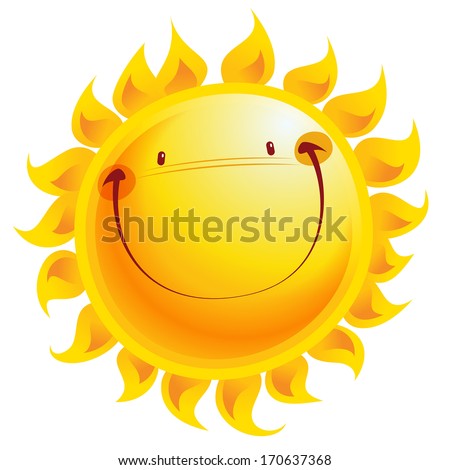 Shining yellow smiling sun cartoon character as weather sign temperature