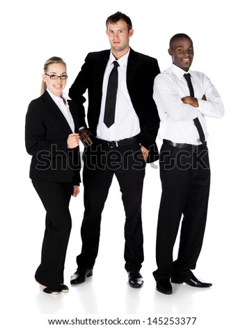 Three young attractive business people, all wearing formal black and white business clothes. Two men and one women are in the team.