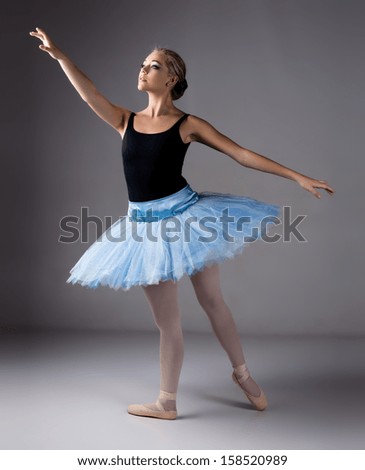 Beautiful female ballet dancer on a grey background. Ballerina is wearing a black leotard, pink stockings, pointe shoes and a blue tutu.